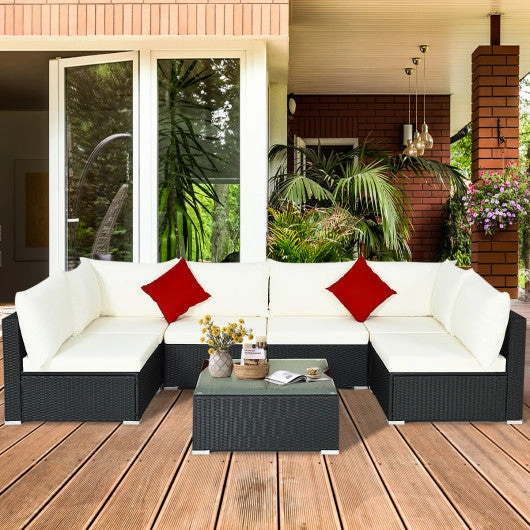 7 Pieces Sectional Wicker Furniture Sofa Set With Tempered Glass Top-Gray & Off White