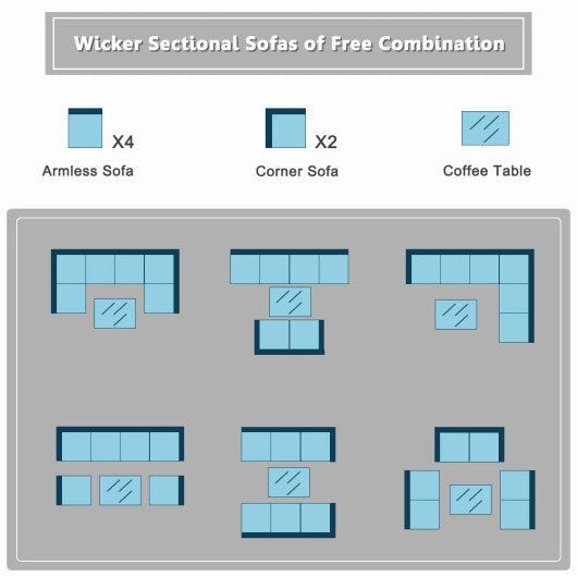 7 Pieces Sectional Wicker Furniture Sofa Set With Tempered Glass Top-Gray & Off White