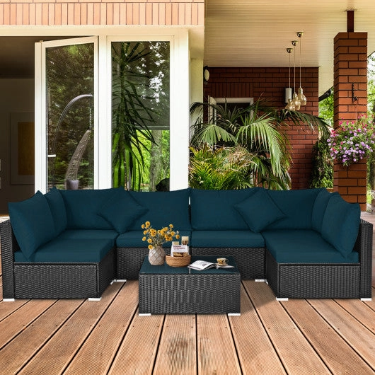 7 Pieces Sectional Wicker Furniture Sofa Set With Tempered Glass Top-Peacock Blue