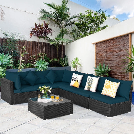 7 Pieces Sectional Wicker Furniture Sofa Set With Tempered Glass Top-Peacock Blue