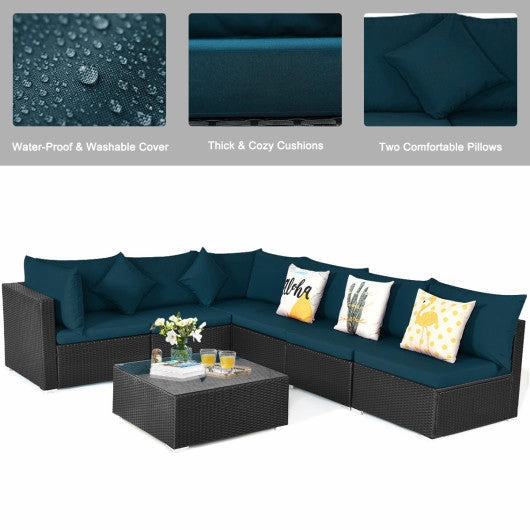 7 Pieces Sectional Wicker Furniture Sofa Set With Tempered Glass Top-Peacock Blue