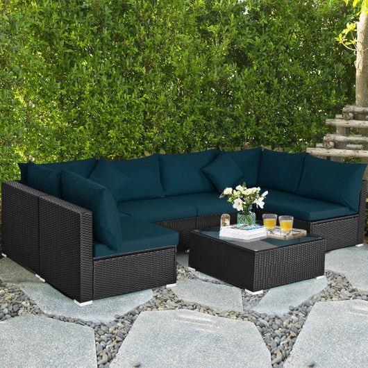 7 Pieces Sectional Wicker Furniture Sofa Set With Tempered Glass Top-Peacock Blue