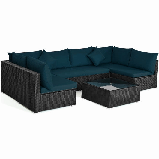 7 Pieces Sectional Wicker Furniture Sofa Set With Tempered Glass Top-Peacock Blue