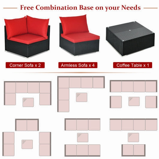 7 Pieces Sectional Wicker Furniture Sofa Set With Tempered Glass Top-Red