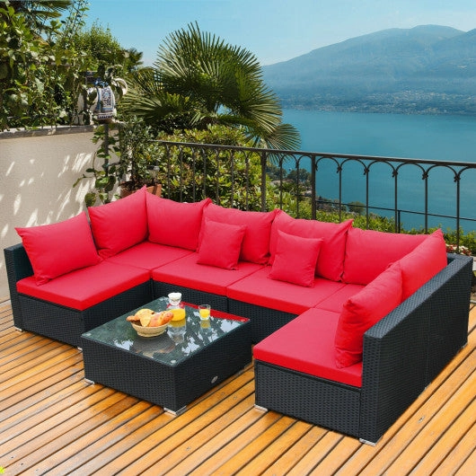 7 Pieces Sectional Wicker Furniture Sofa Set With Tempered Glass Top-Red