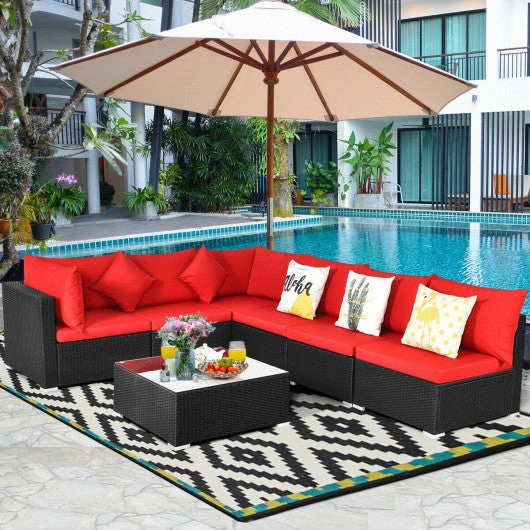 7 Pieces Sectional Wicker Furniture Sofa Set With Tempered Glass Top-Red