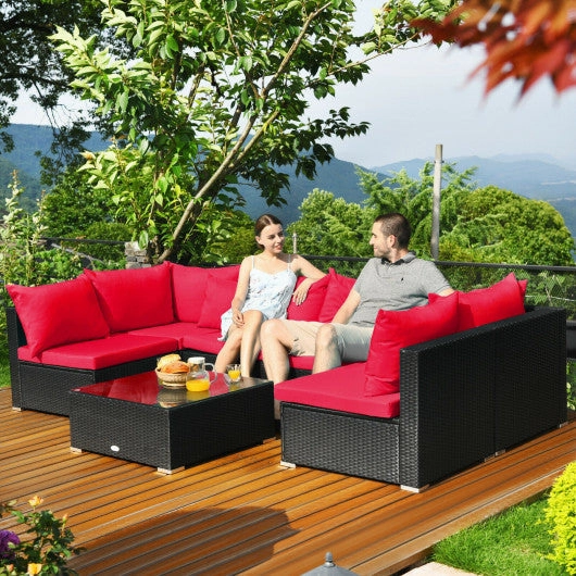 7 Pieces Sectional Wicker Furniture Sofa Set With Tempered Glass Top-Red