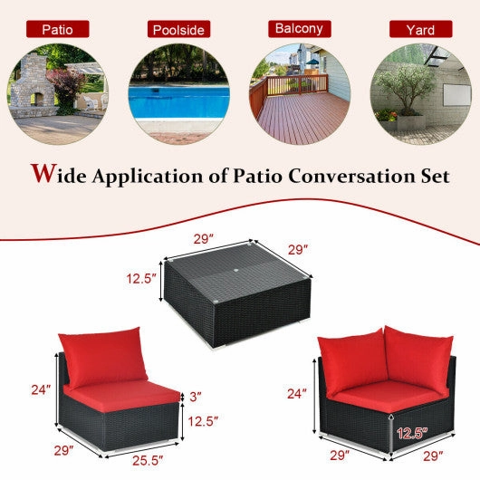7 Pieces Sectional Wicker Furniture Sofa Set With Tempered Glass Top-Red