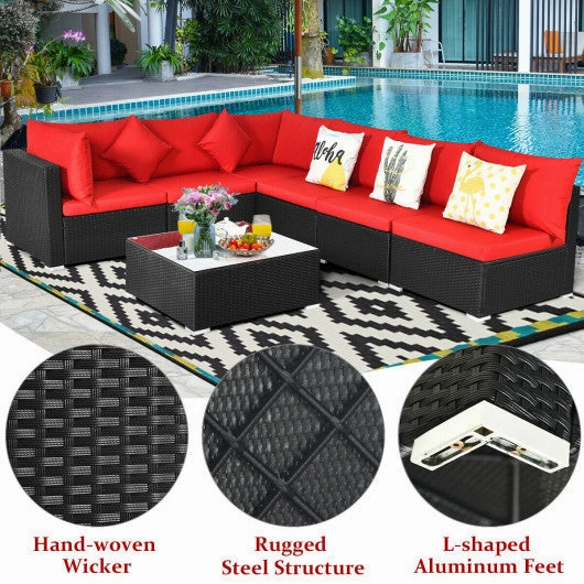 7 Pieces Sectional Wicker Furniture Sofa Set With Tempered Glass Top-Red
