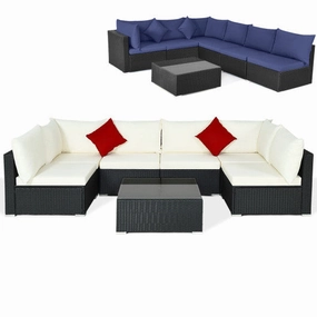 7 Pieces Sectional Wicker Furniture Sofa Set With Tempered Glass Top-White & Navy
