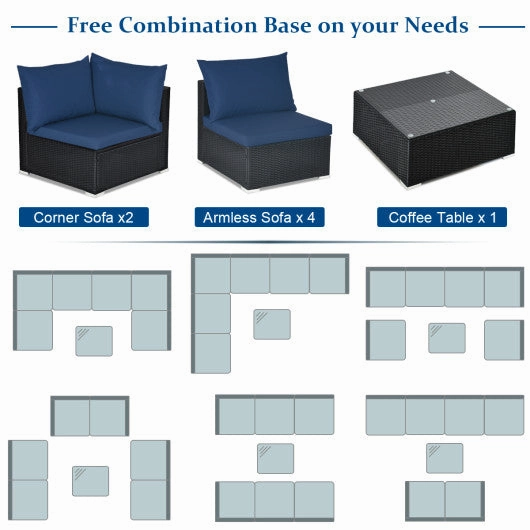 7 Pieces Sectional Wicker Furniture Sofa Set With Tempered Glass Top-White & Navy