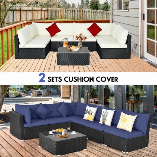 7 Pieces Sectional Wicker Furniture Sofa Set With Tempered Glass Top-White & Navy