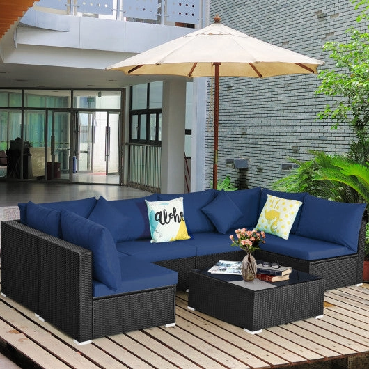 7 Pieces Sectional Wicker Furniture Sofa Set With Tempered Glass Top-White & Navy