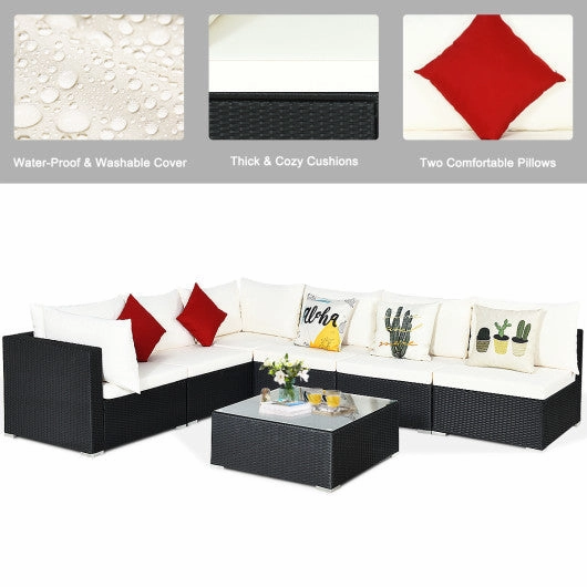 7 Pieces Sectional Wicker Furniture Sofa Set With Tempered Glass Top-White & Navy