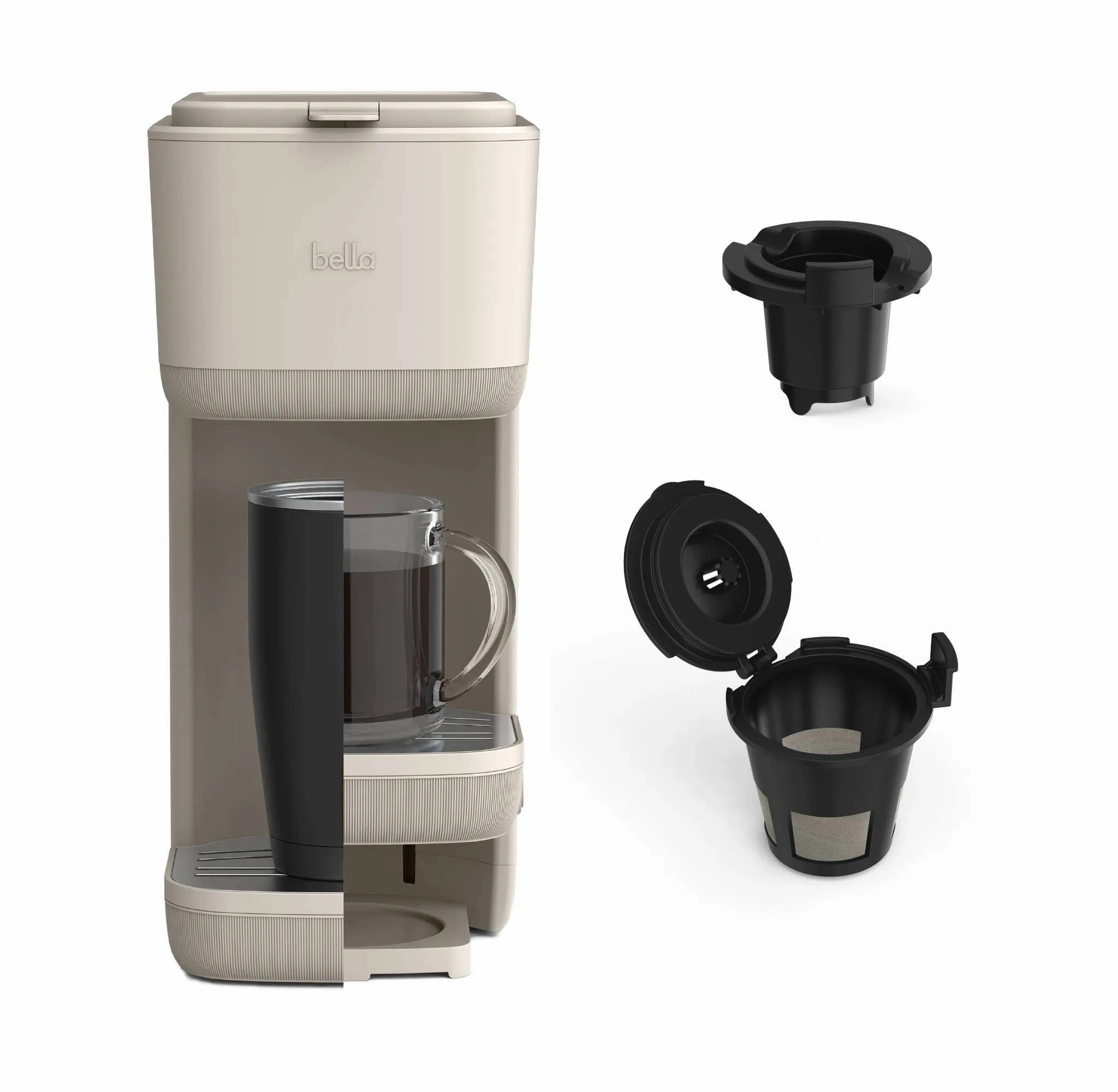 bella Single-Serve Coffee Maker Oatmilk: Drip Pod Coffee Maker, 14 oz Capacity, Automatic Shut-Off, Removable Drip Tray