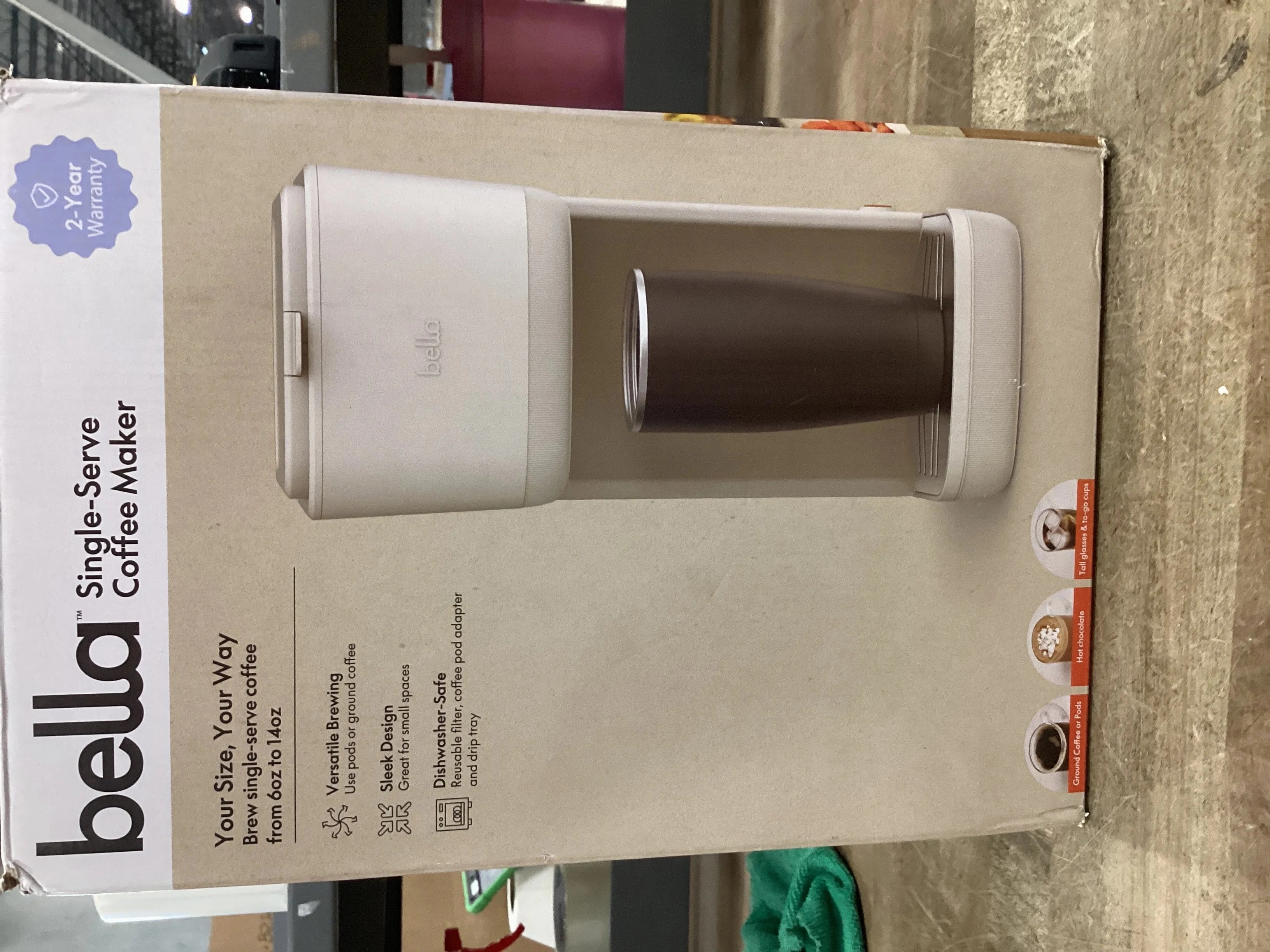bella Single-Serve Coffee Maker Oatmilk: Drip Pod Coffee Maker, 14 oz Capacity, Automatic Shut-Off, Removable Drip Tray