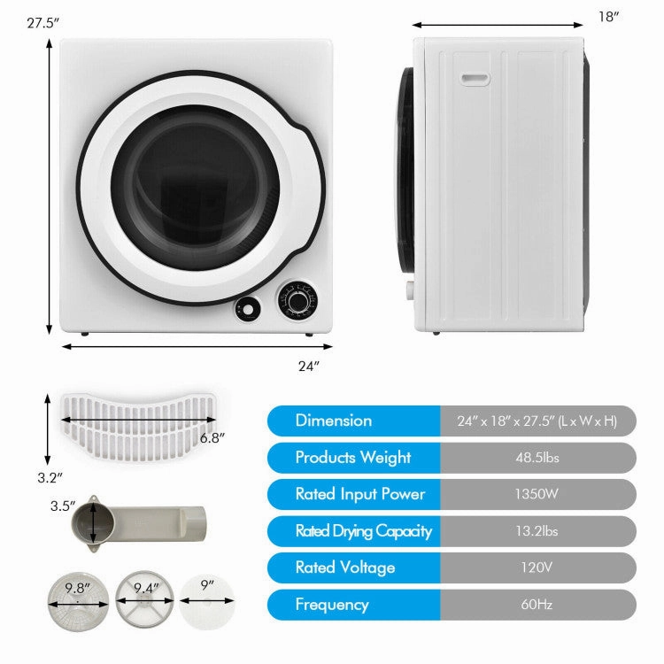 Compact Electric Tumble Laundry Dryer With Stainless Steel Tub-White