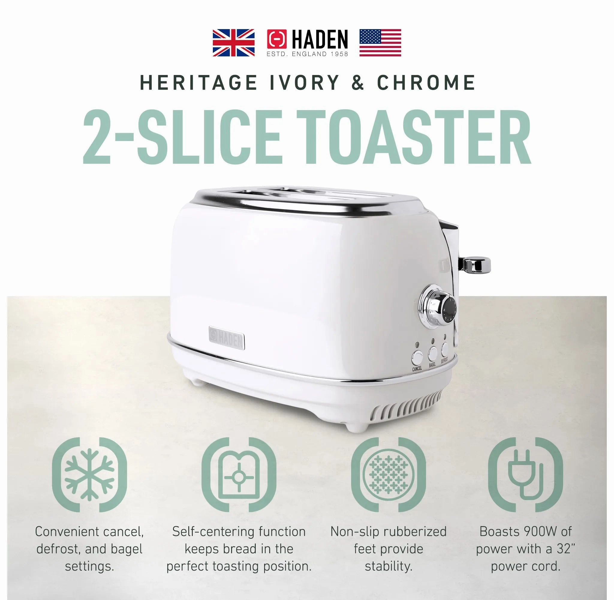 Heritage 2 Slice Wide Slot Toaster - Ivory & Chrome