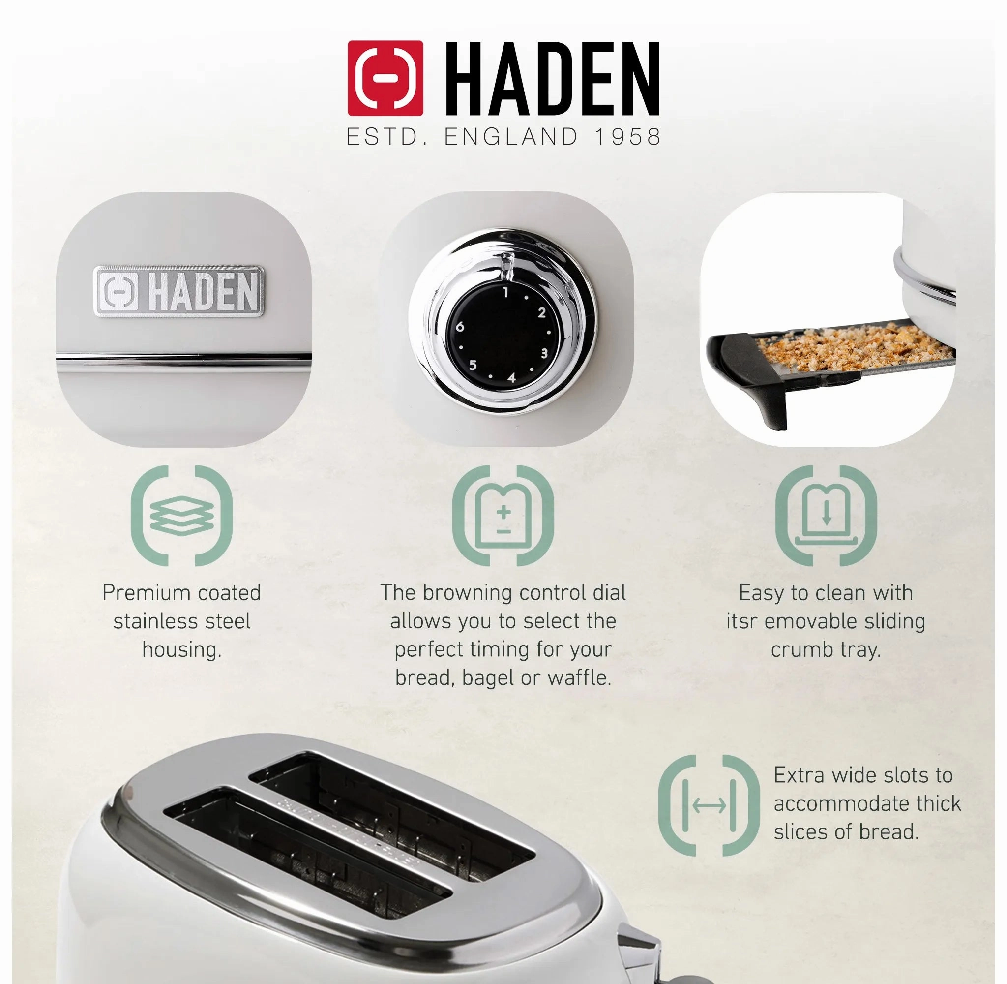 Heritage 2 Slice Wide Slot Toaster - Ivory & Chrome