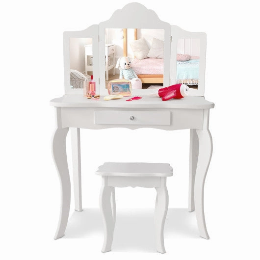 Kids Makeup Dressing Mirror Vanity Table Stool Set