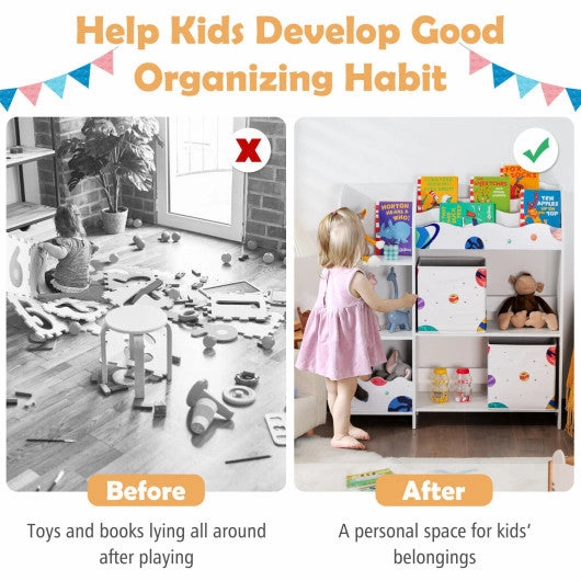 Kids Toy and Book Organizer Children Wooden Storage Cabinet With Storage Bins - Planet