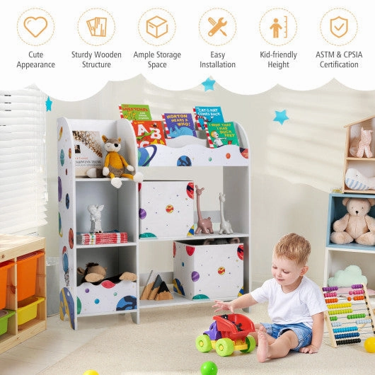 Kids Toy and Book Organizer Children Wooden Storage Cabinet With Storage Bins - Planet