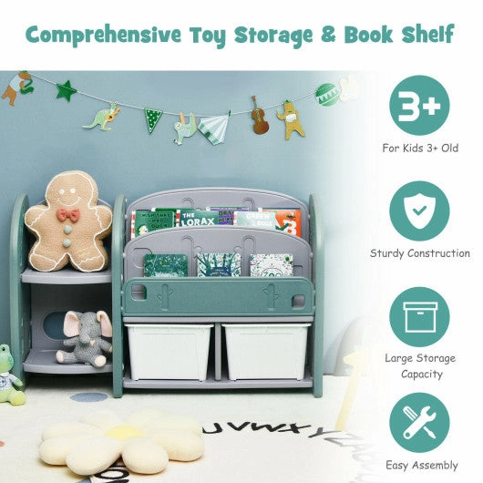 Kids Toy Storage Organizer With 2-Tier Bookshelf and Plastic Bins