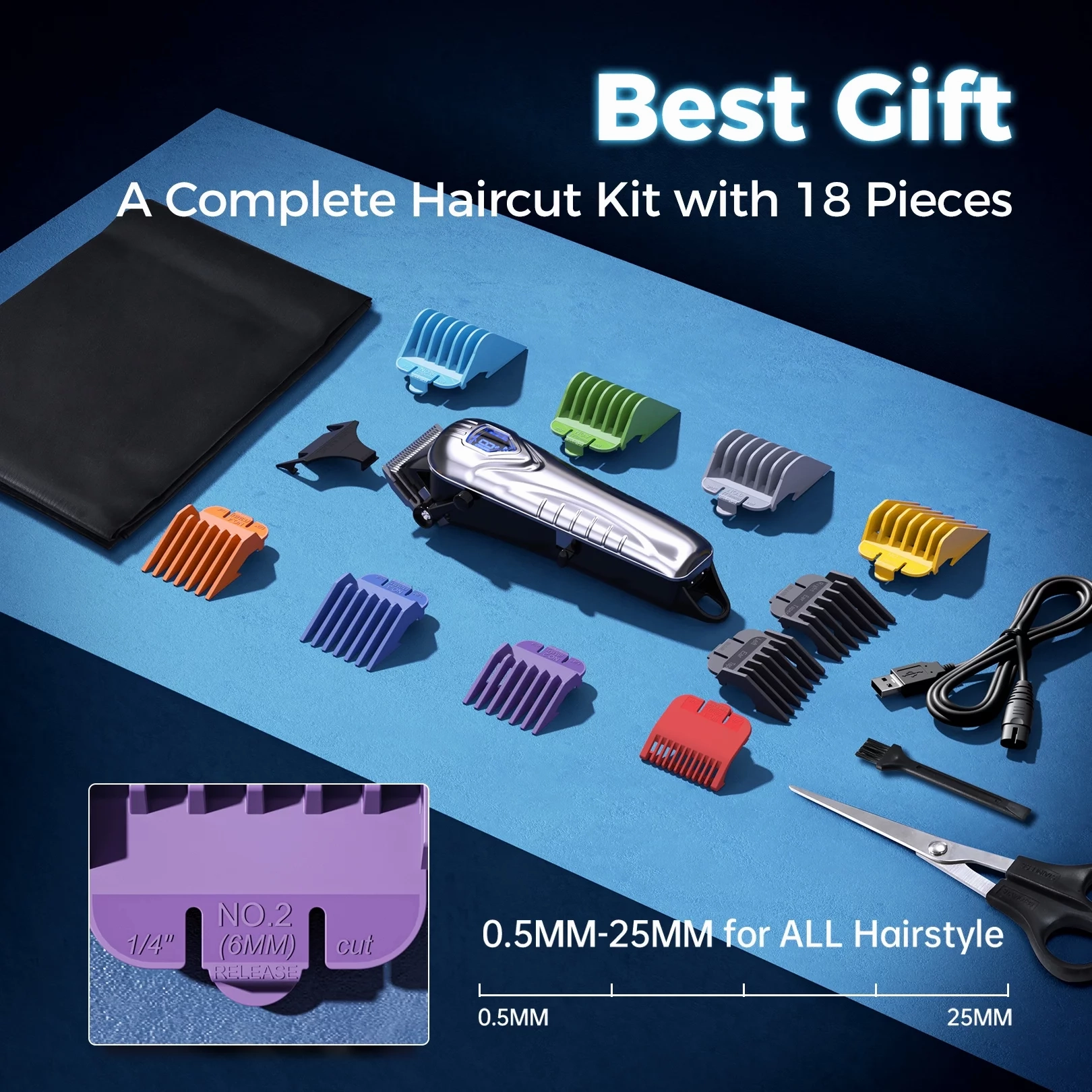 Mpow Cordless Hair Clippers for Men w/Battery Display, 5H Professional Hair Cutting Kit with 10 Combs, Rechargeable Barber Clippers Beard/Hair Trimmer with Scissors, Cape for Men Women Kids