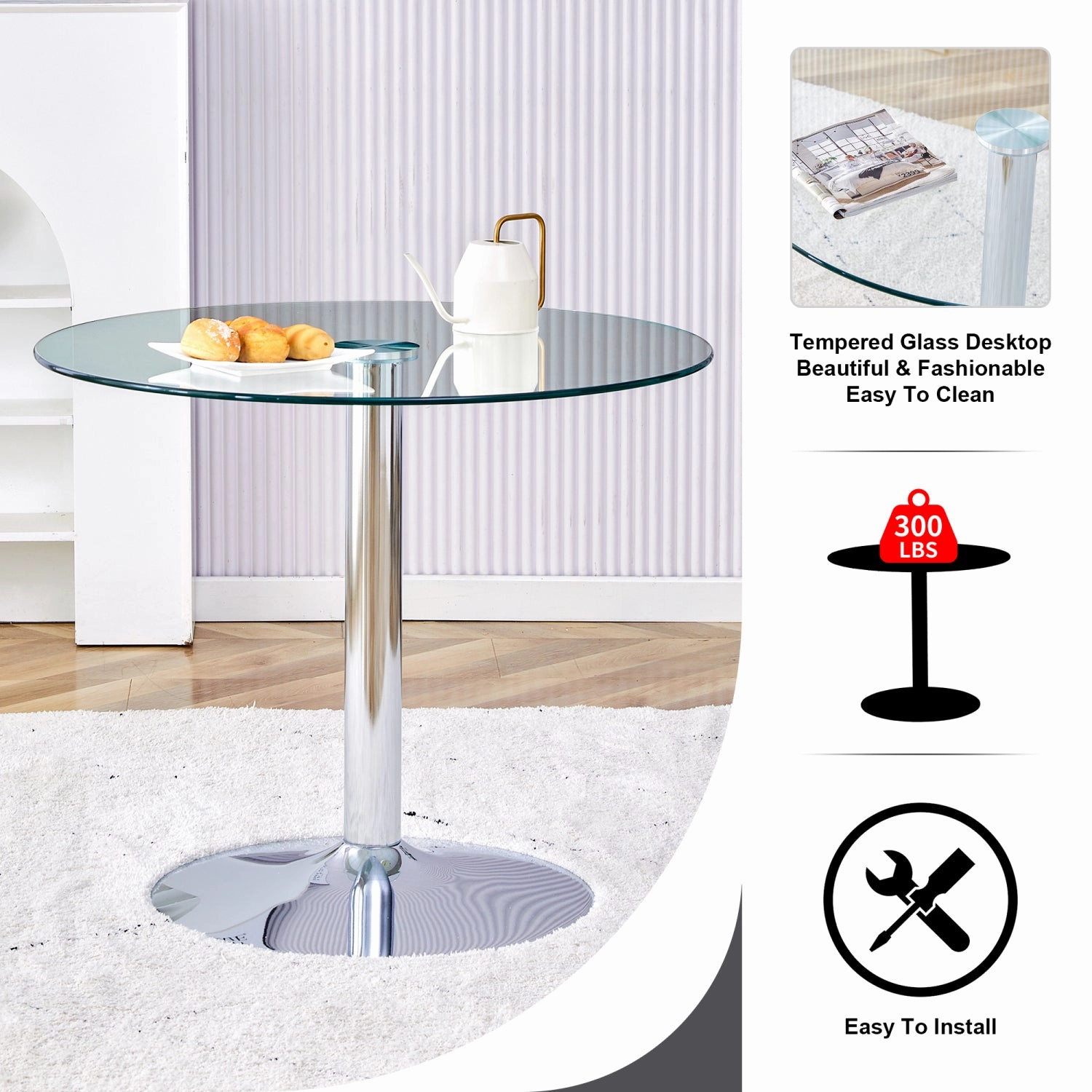 Streamdale 35" Glass Top Round Dining Table - Silver Legs