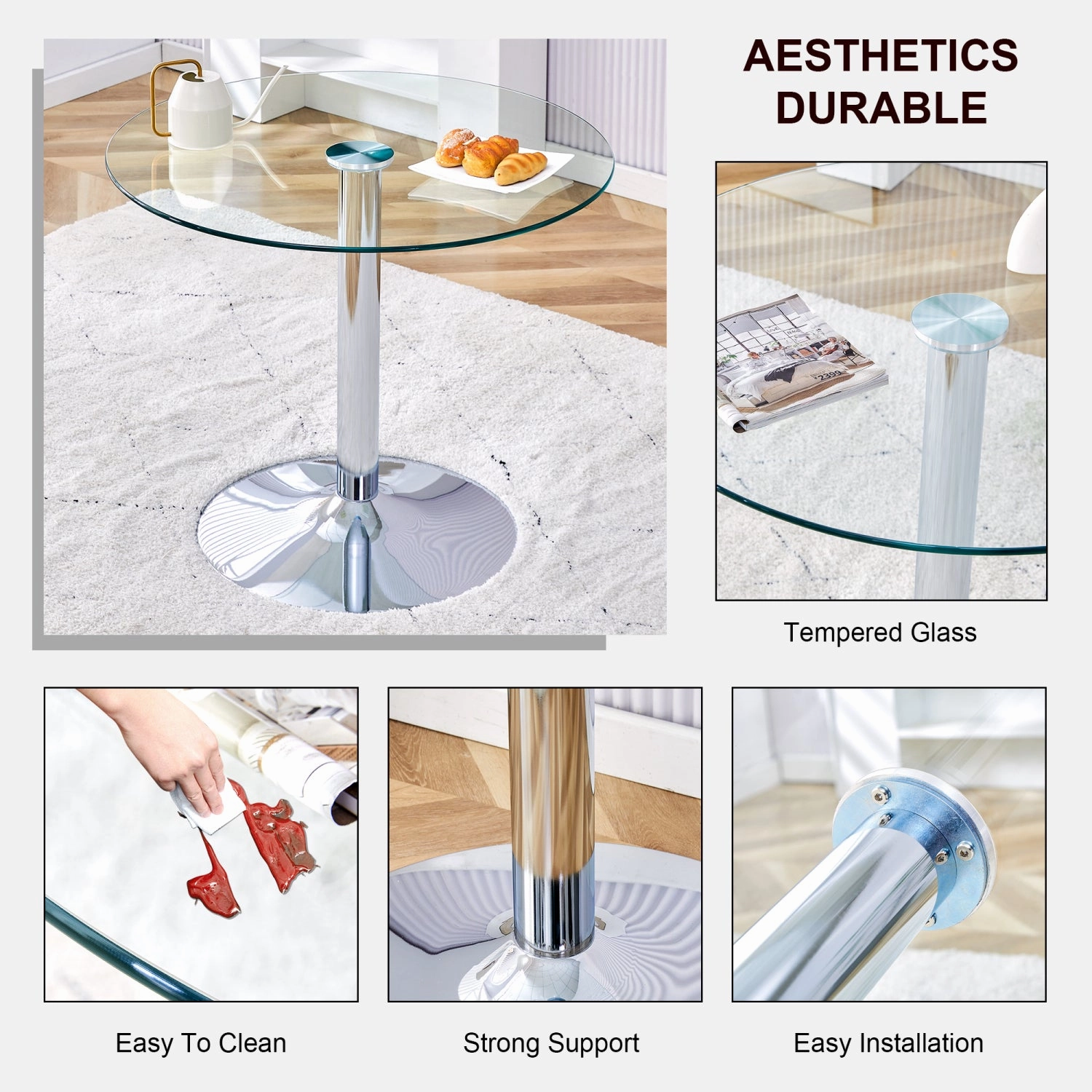 Streamdale 35" Glass Top Round Dining Table - Silver Legs