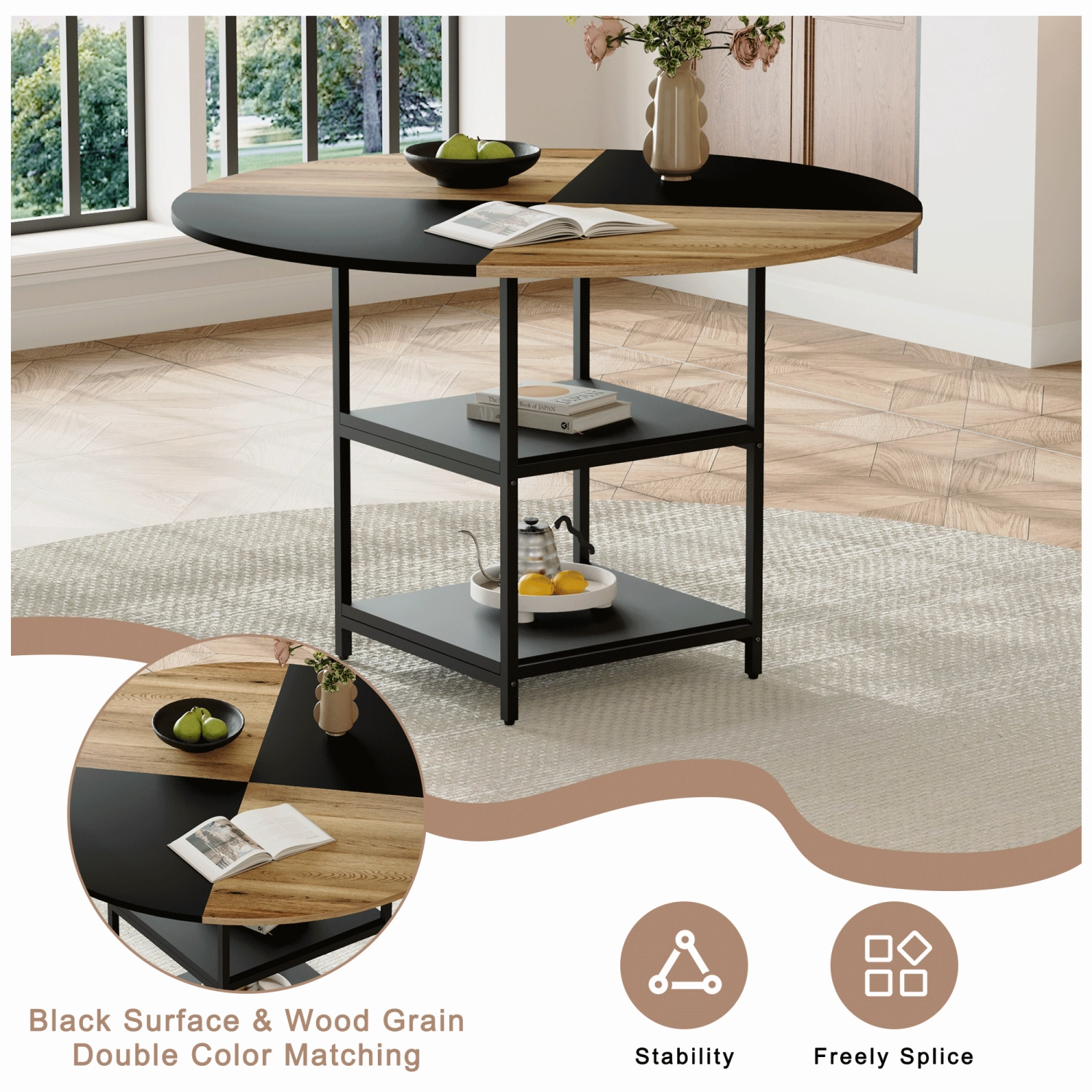 Streamdale 47" Round Dining Set: Table with Storage & 4 Black Chairs
