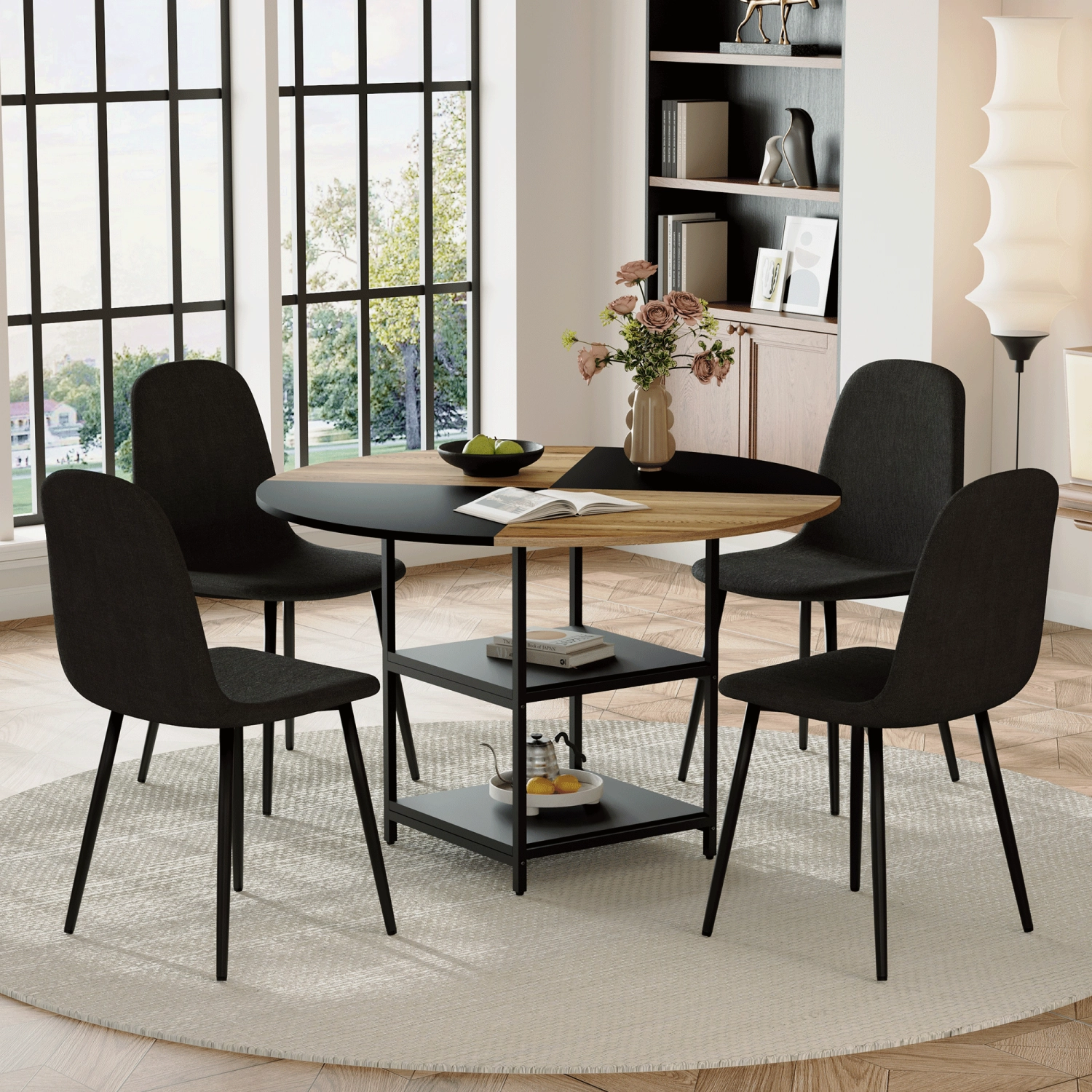 Streamdale 47" Round Dining Set: Table with Storage & 4 Black Chairs