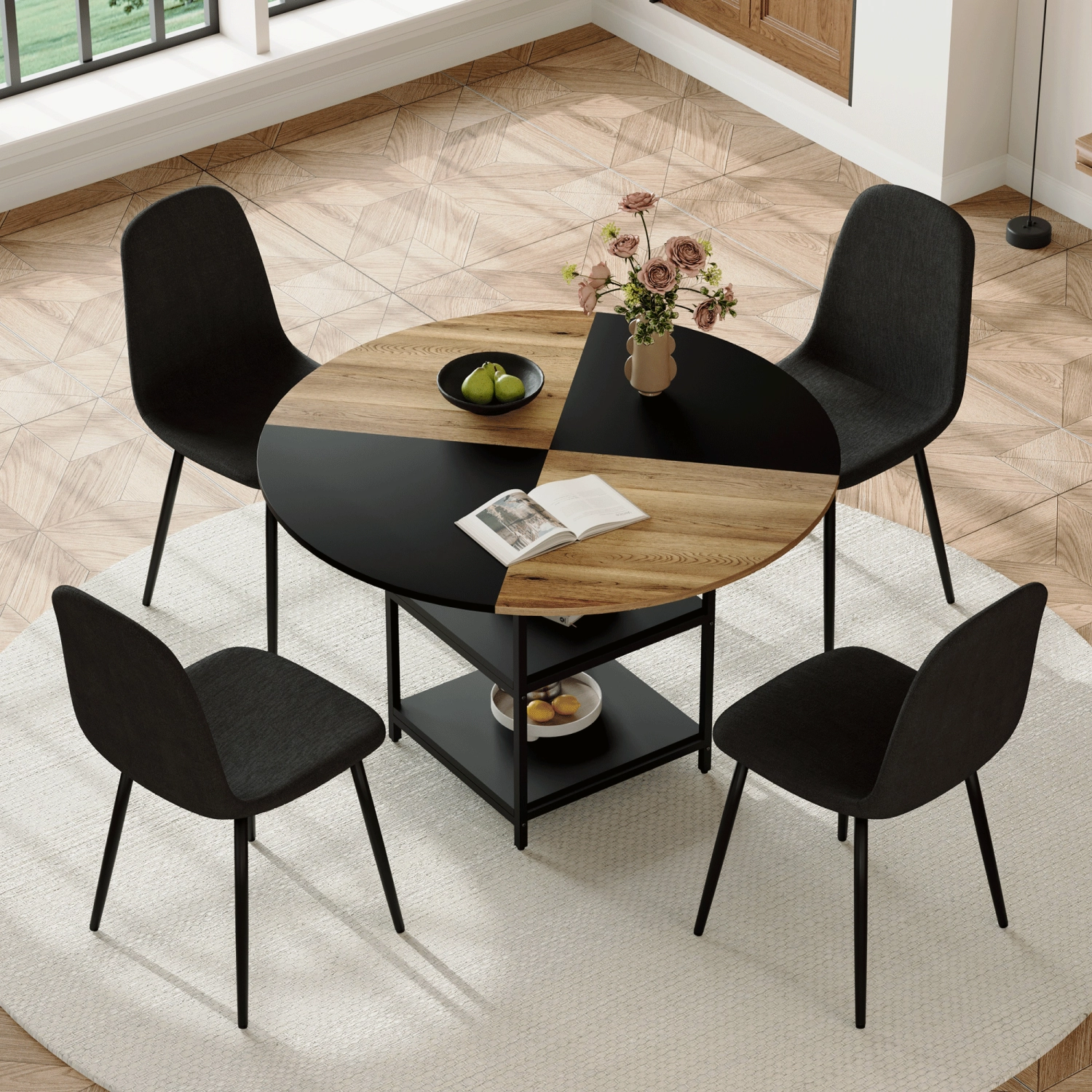 Streamdale 47" Round Dining Set: Table with Storage & 4 Black Chairs