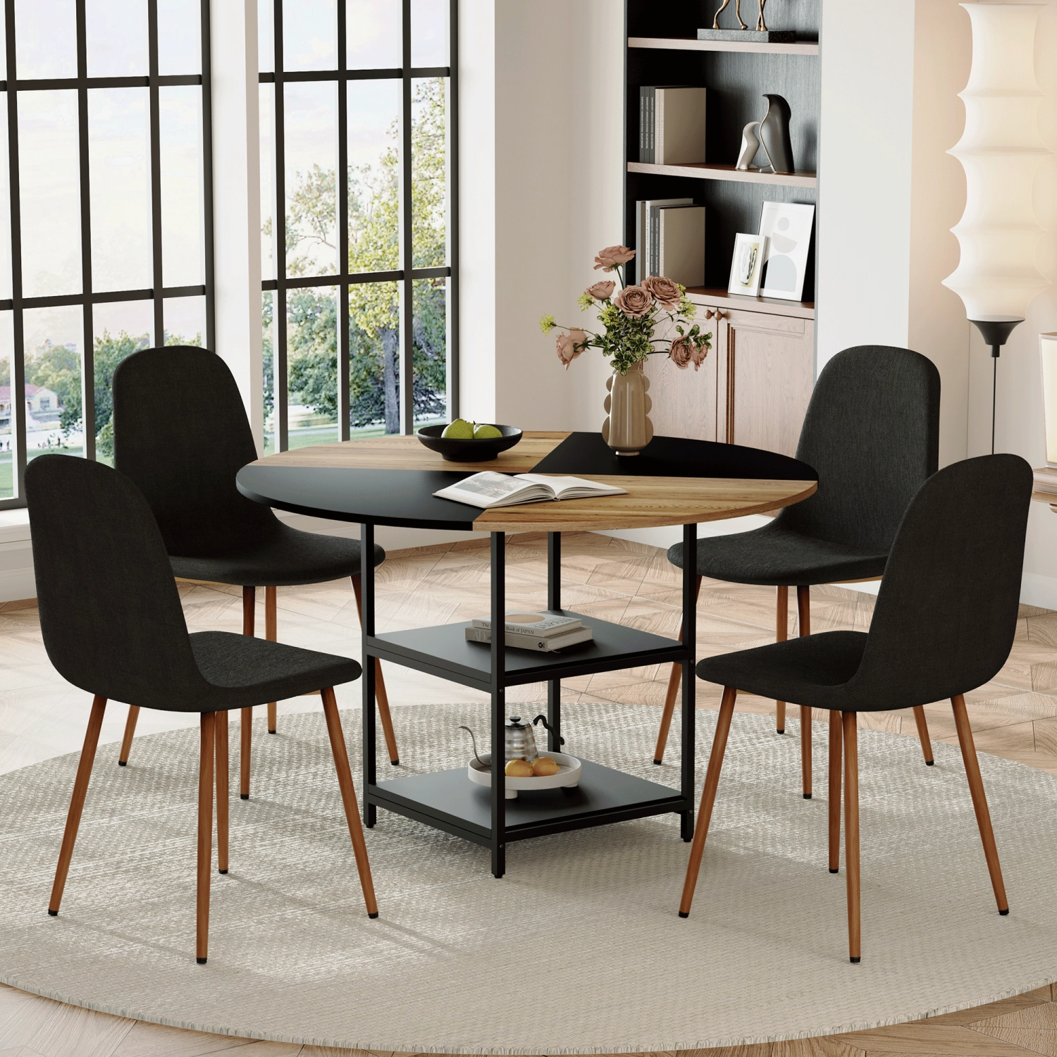 Streamdale 47" Round Dining Set: Table with Storage & 4 Linen Chairs