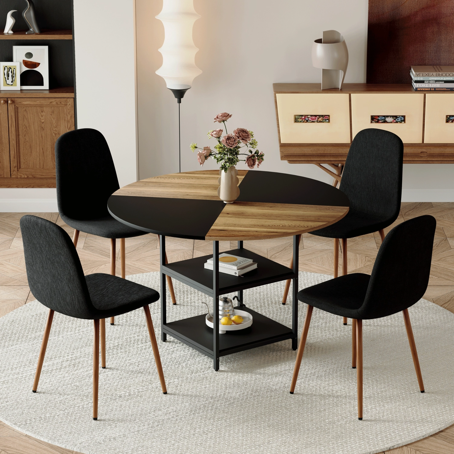 Streamdale 47" Round Dining Set: Table with Storage & 4 Linen Chairs