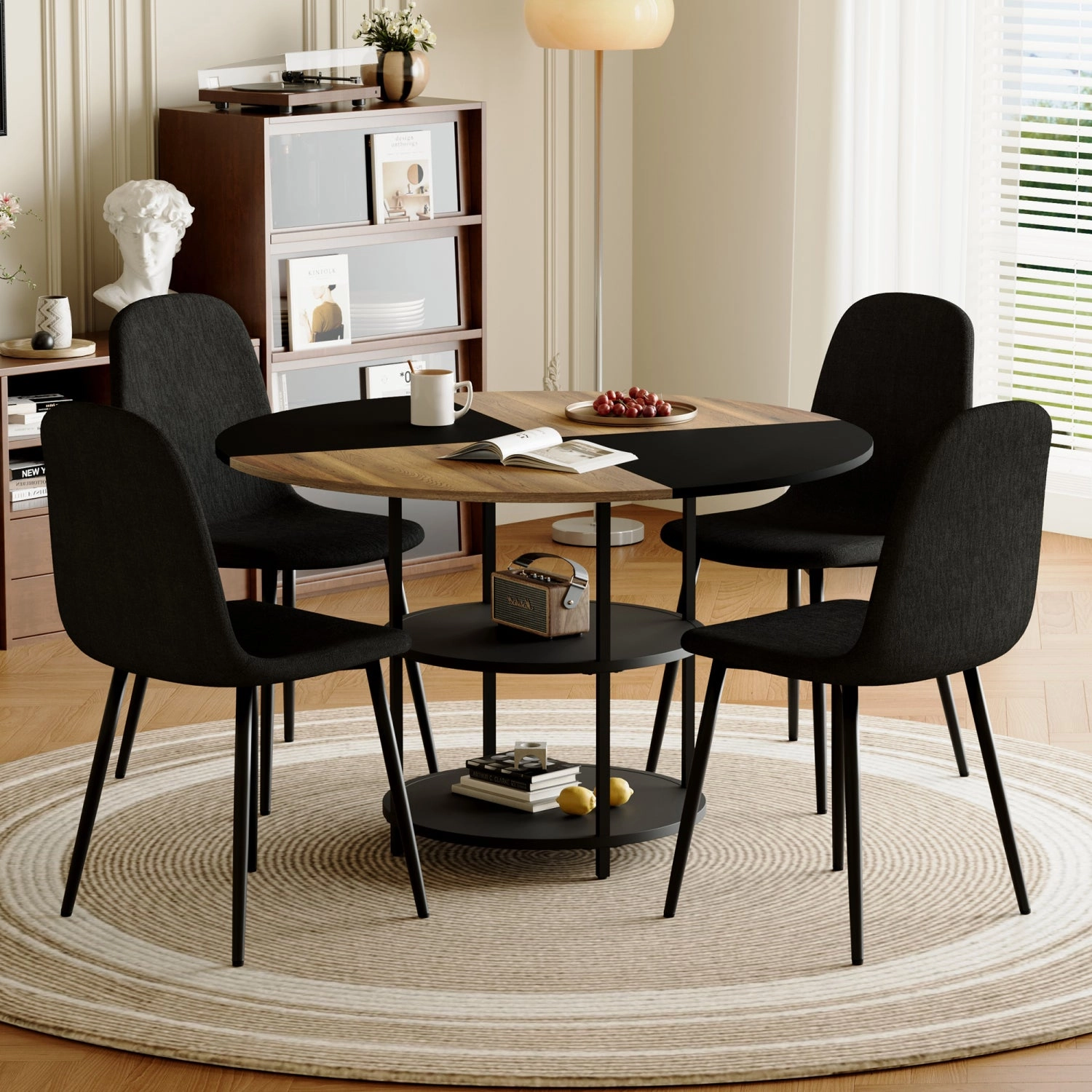 Streamdale 47" Round Dining Table Set with 4 Black Chairs