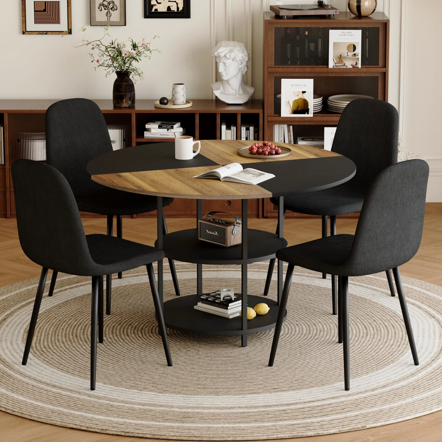 Streamdale 47" Round Dining Table Set with 4 Black Chairs
