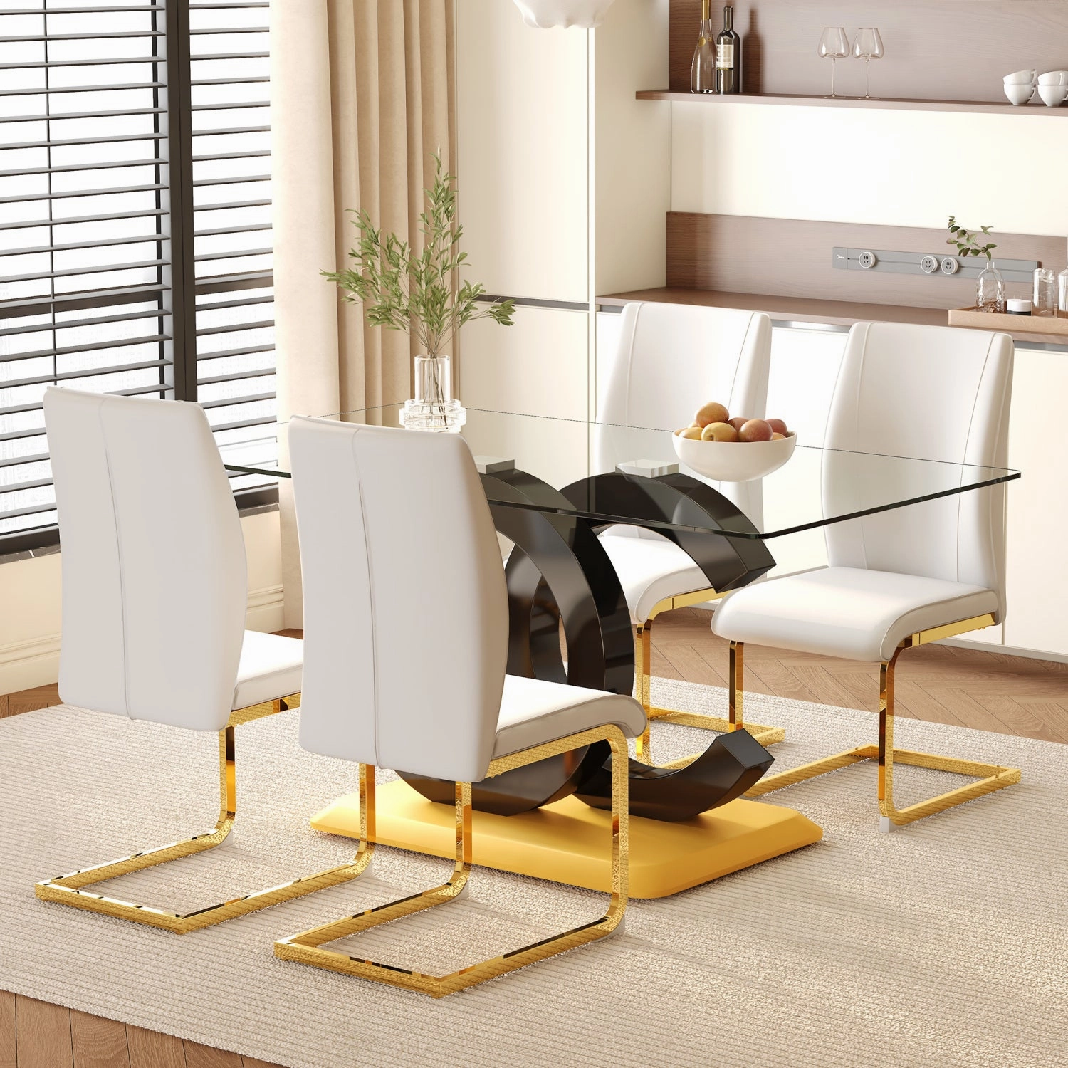 Streamdale 63" Glass Dining Set with 4 White Chairs, Gold Legs