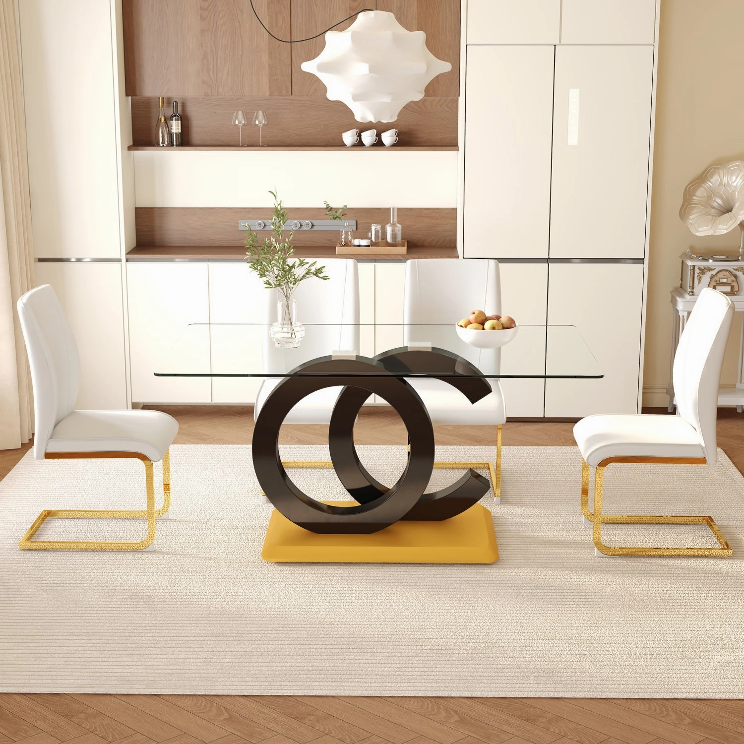 Streamdale 63" Glass Dining Set with 4 White Chairs, Gold Legs