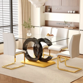 Streamdale 63" Glass Dining Set with 4 White Chairs, Gold Legs