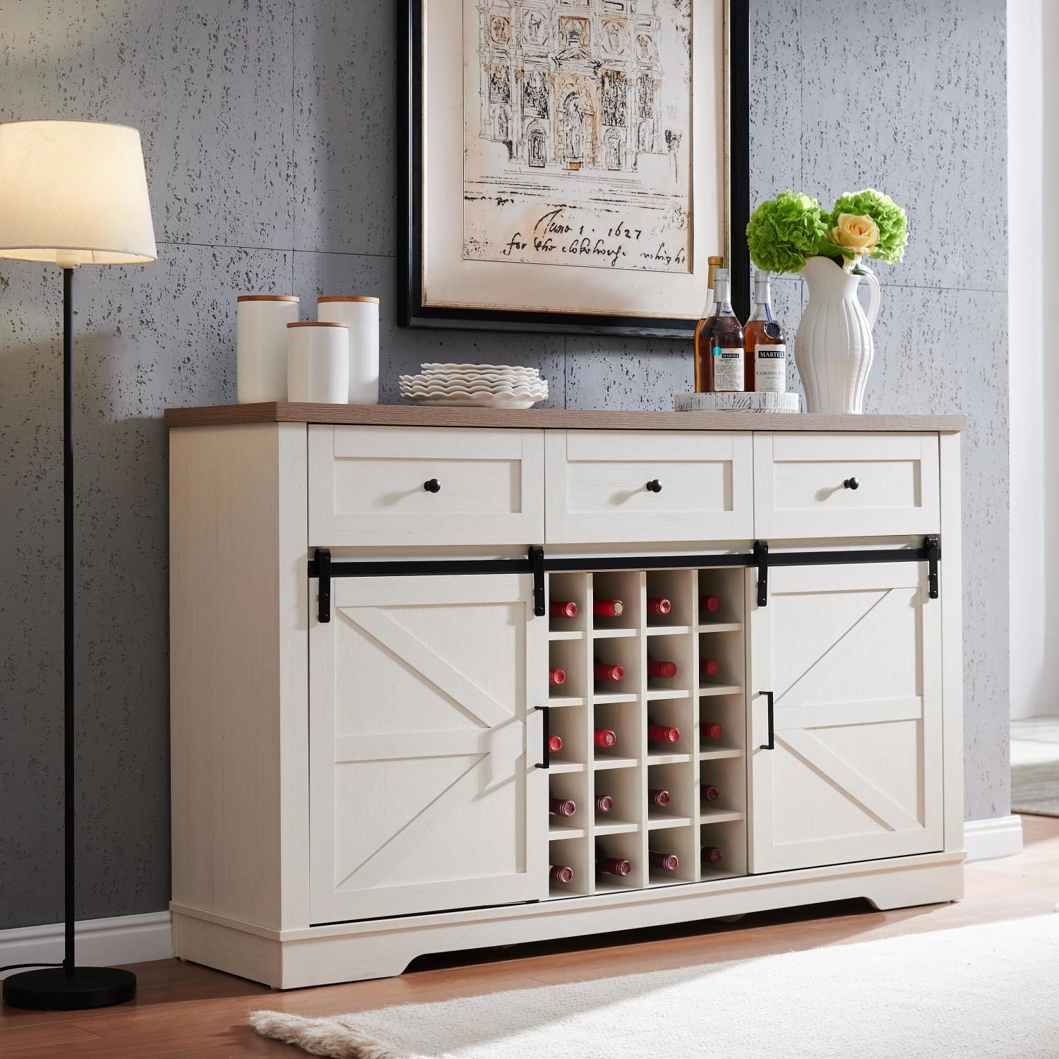 Streamdale Farmhouse Wine Bar Cabinet, Sliding Barn Door, Antique White