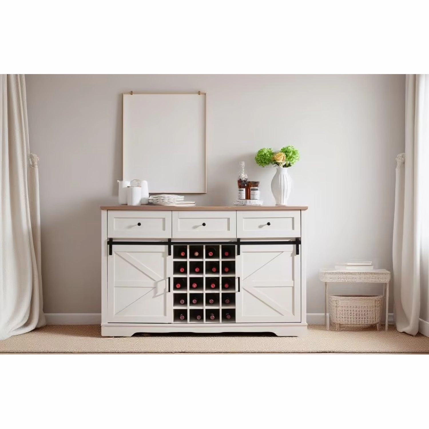 Streamdale Farmhouse Wine Bar Cabinet, Sliding Barn Door, Antique White