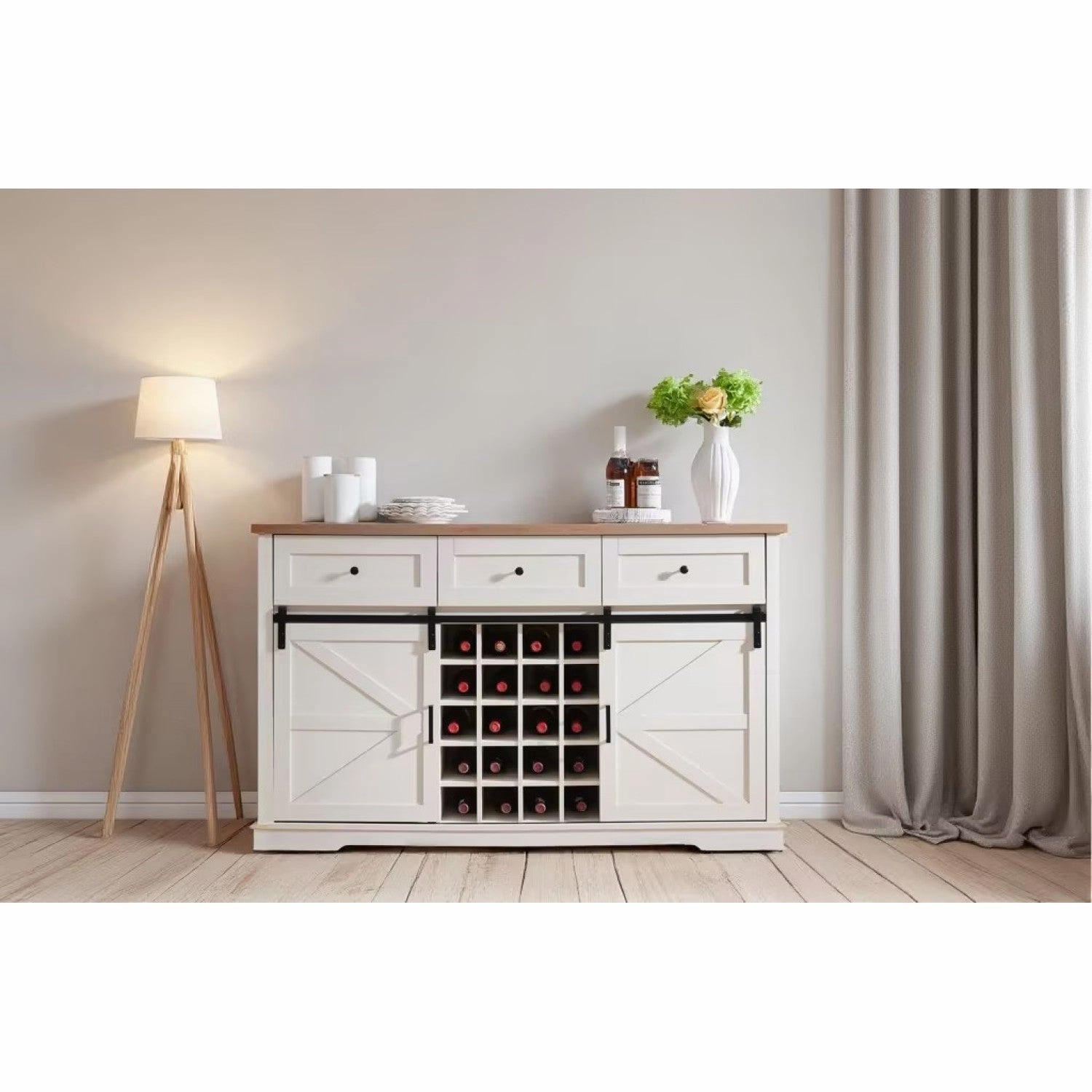 Streamdale Farmhouse Wine Bar Cabinet, Sliding Barn Door, Antique White