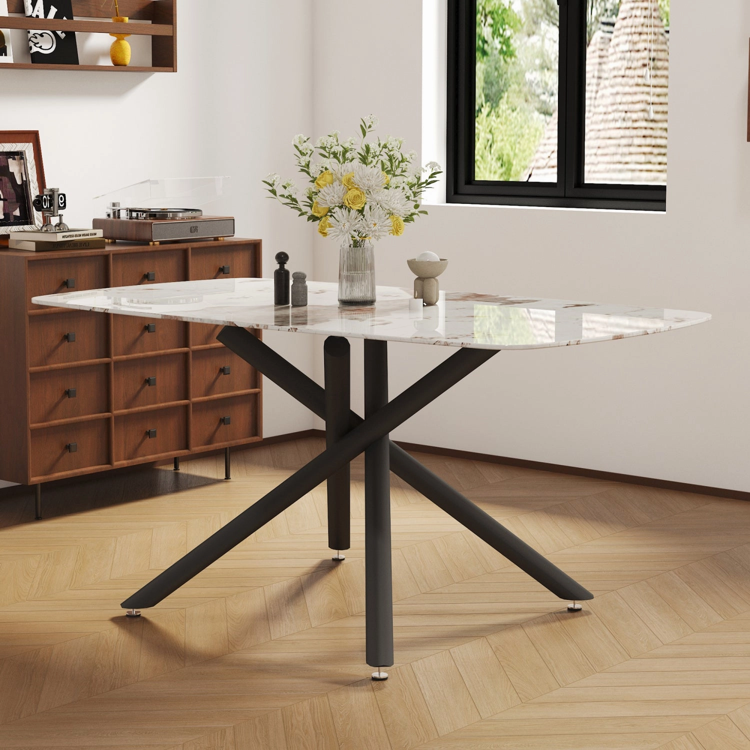Streamdale Marble Glass Dining Table - Black Metal Legs