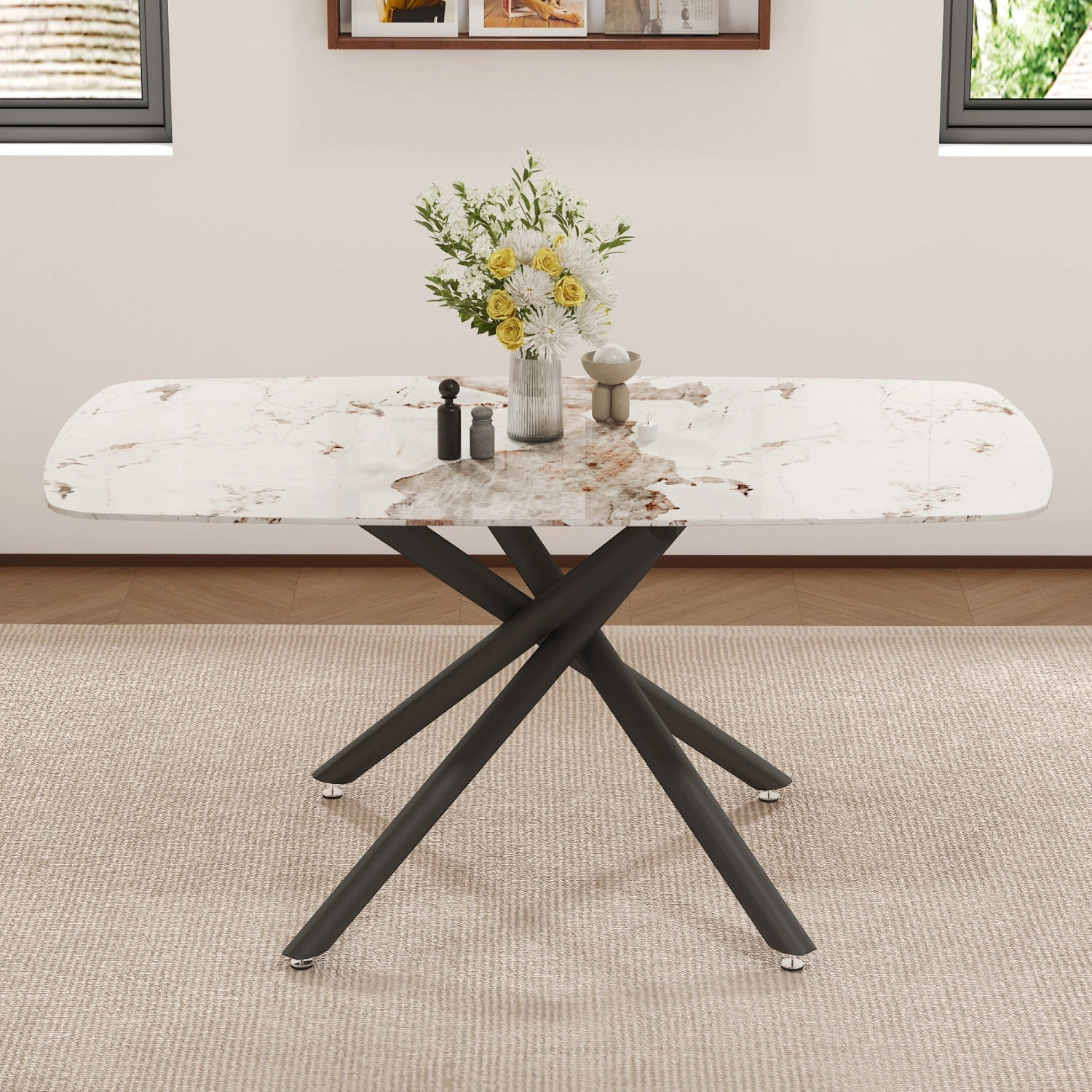 Streamdale Marble Glass Dining Table - Black Metal Legs