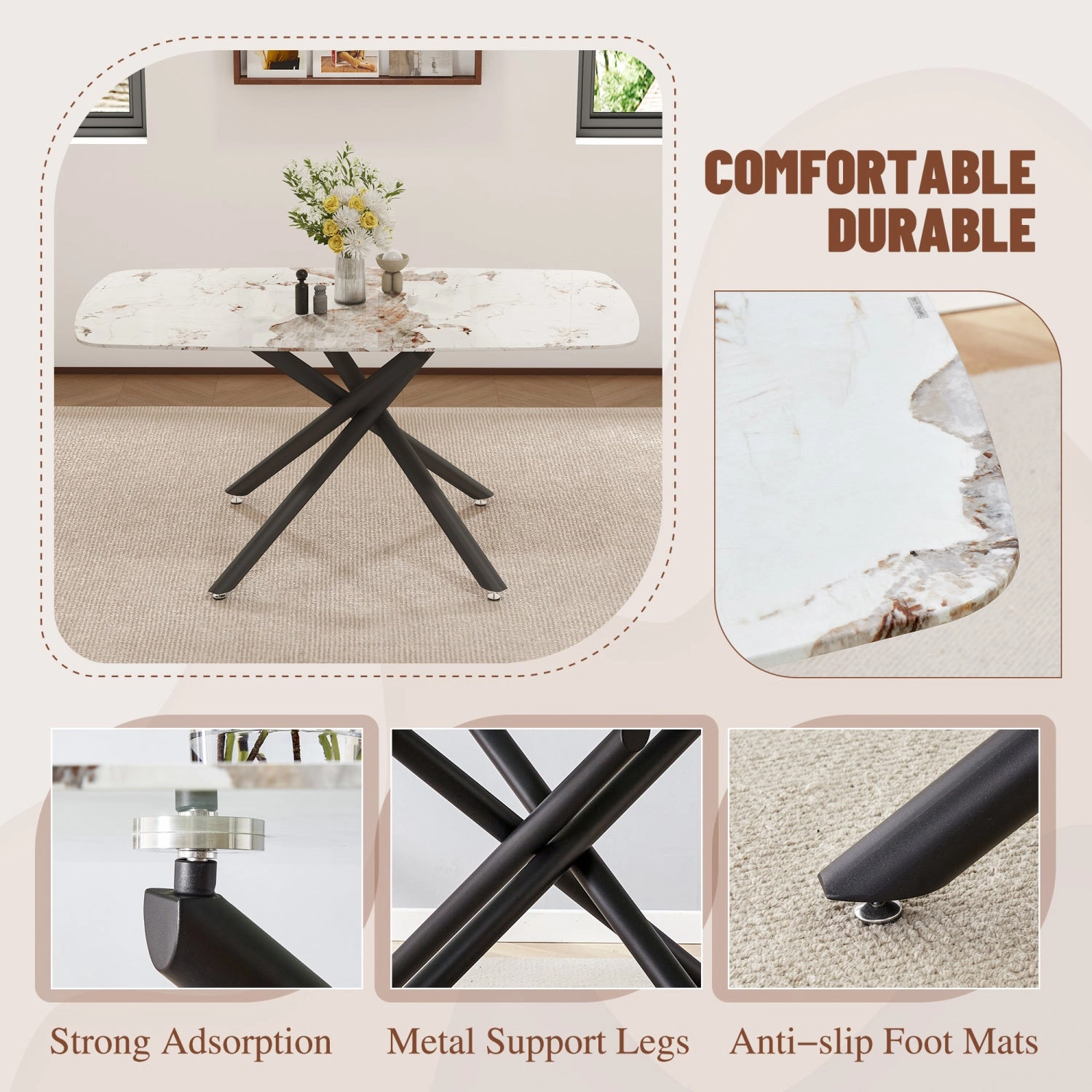 Streamdale Marble Glass Dining Table - Black Metal Legs
