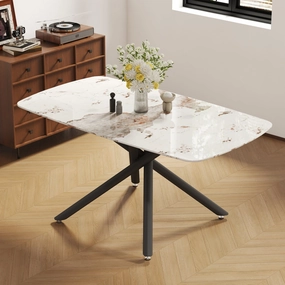 Streamdale Marble Glass Dining Table - Black Metal Legs