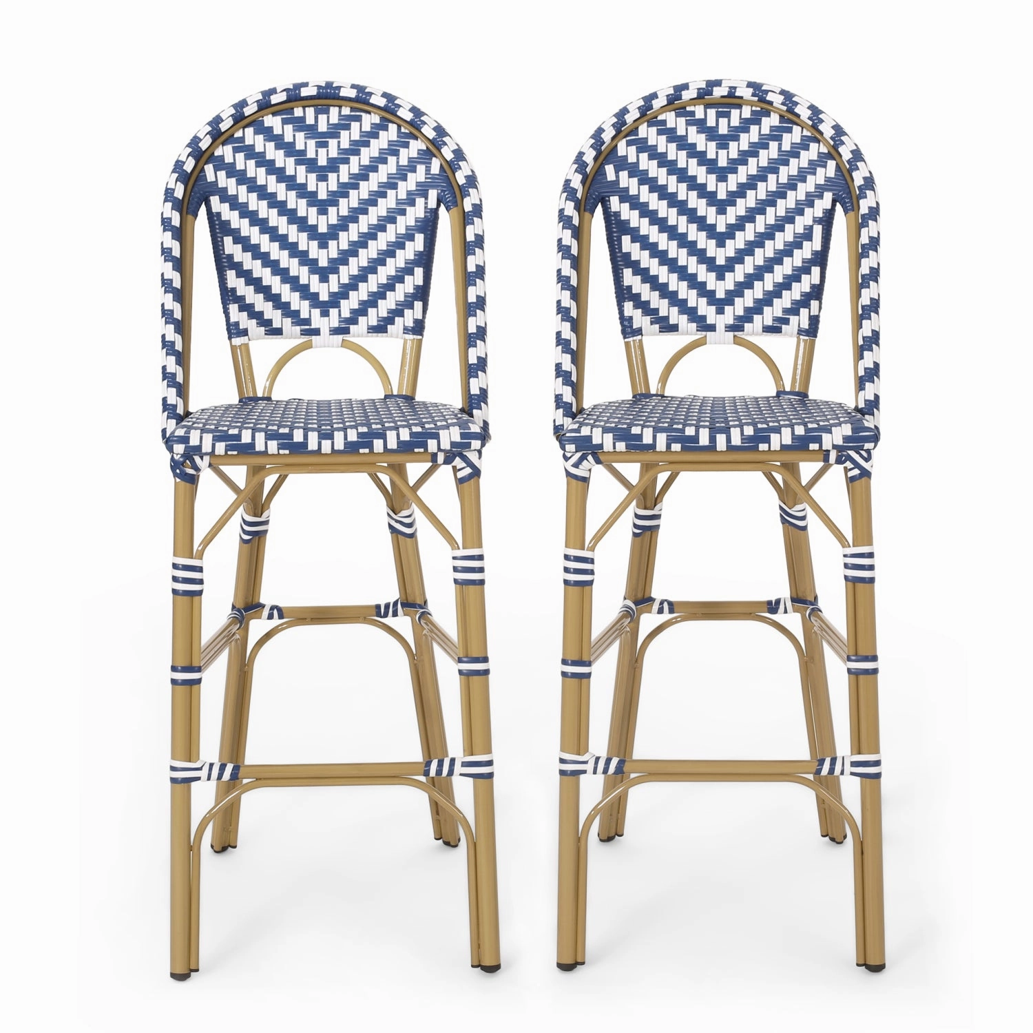 Streamdale Navy Blue/White Rattan Barstools (Set of 2)