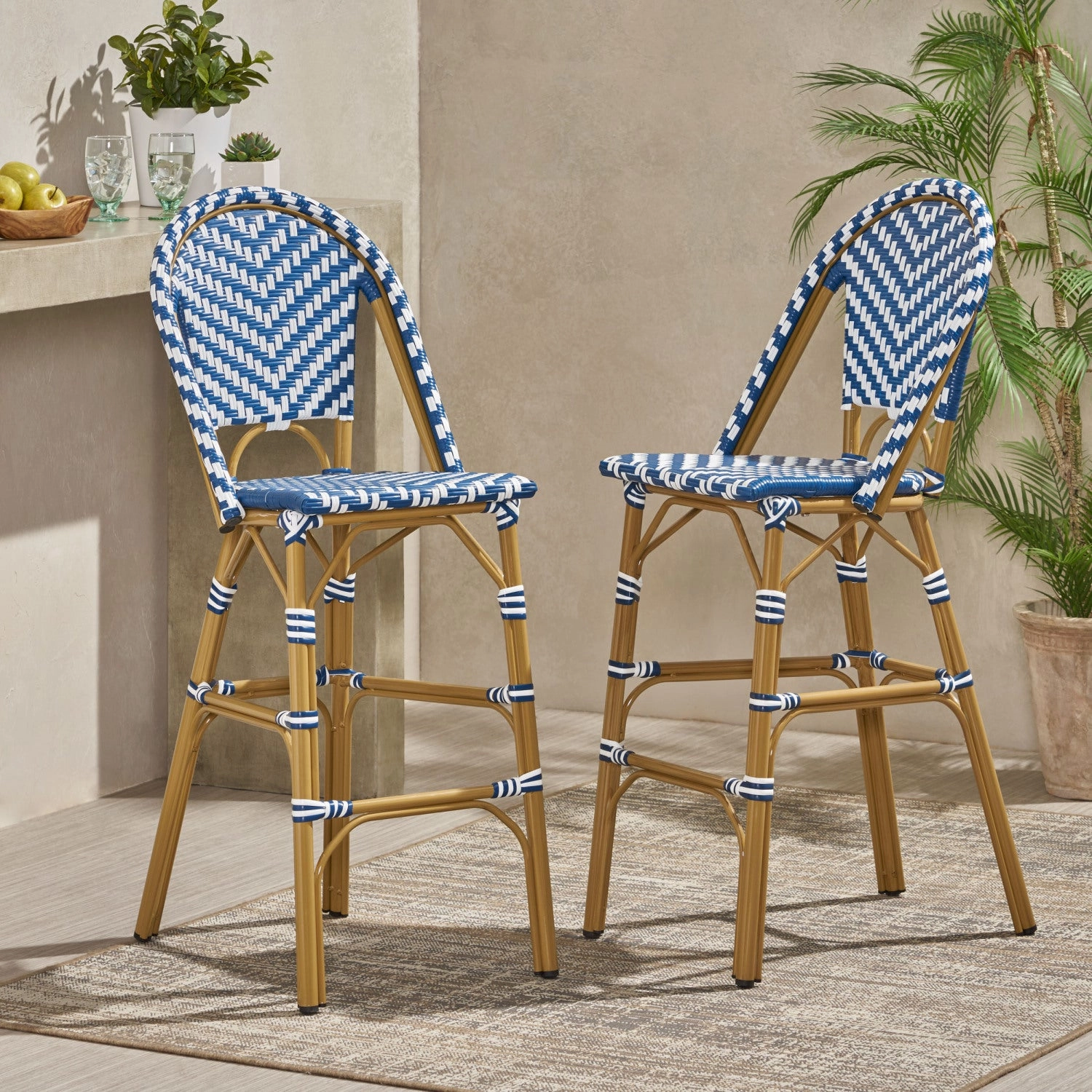 Streamdale Navy Blue/White Rattan Barstools (Set of 2)