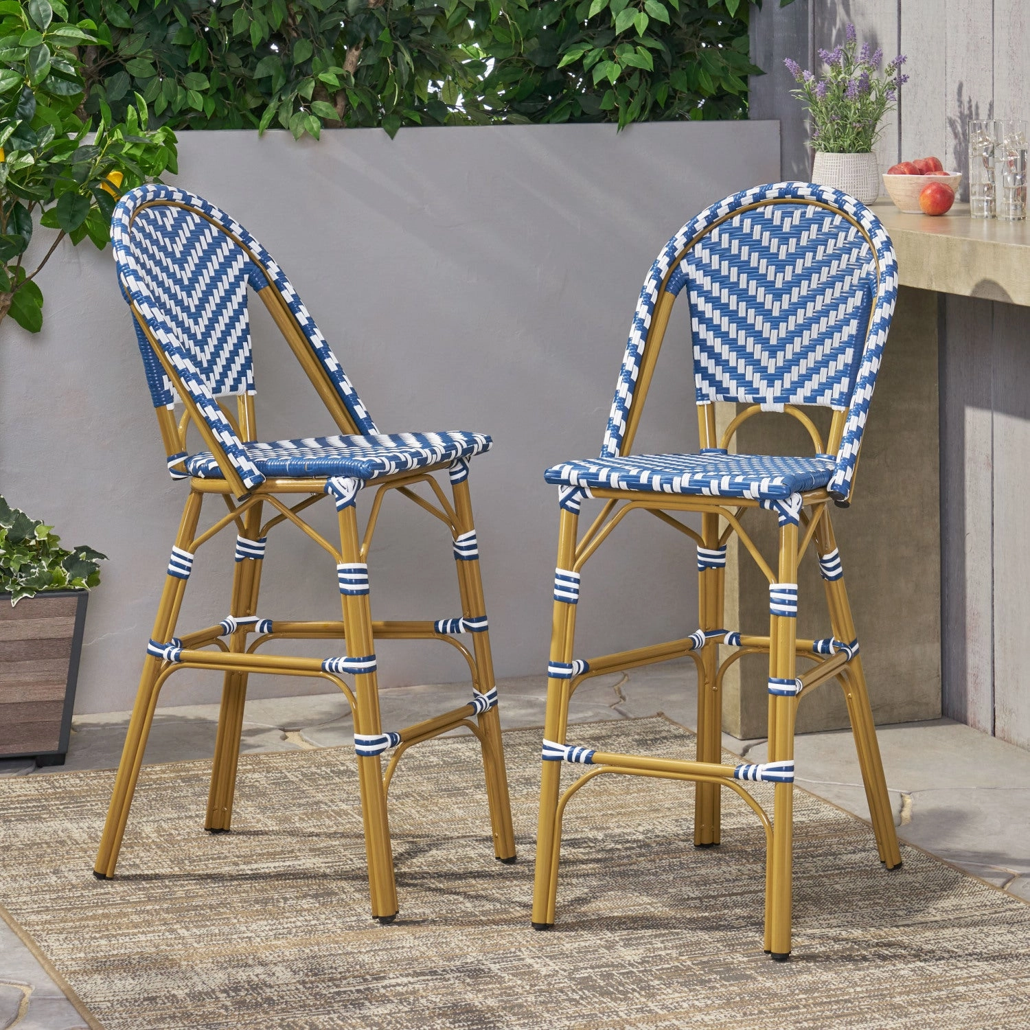 Streamdale Navy Blue/White Rattan Barstools (Set of 2)